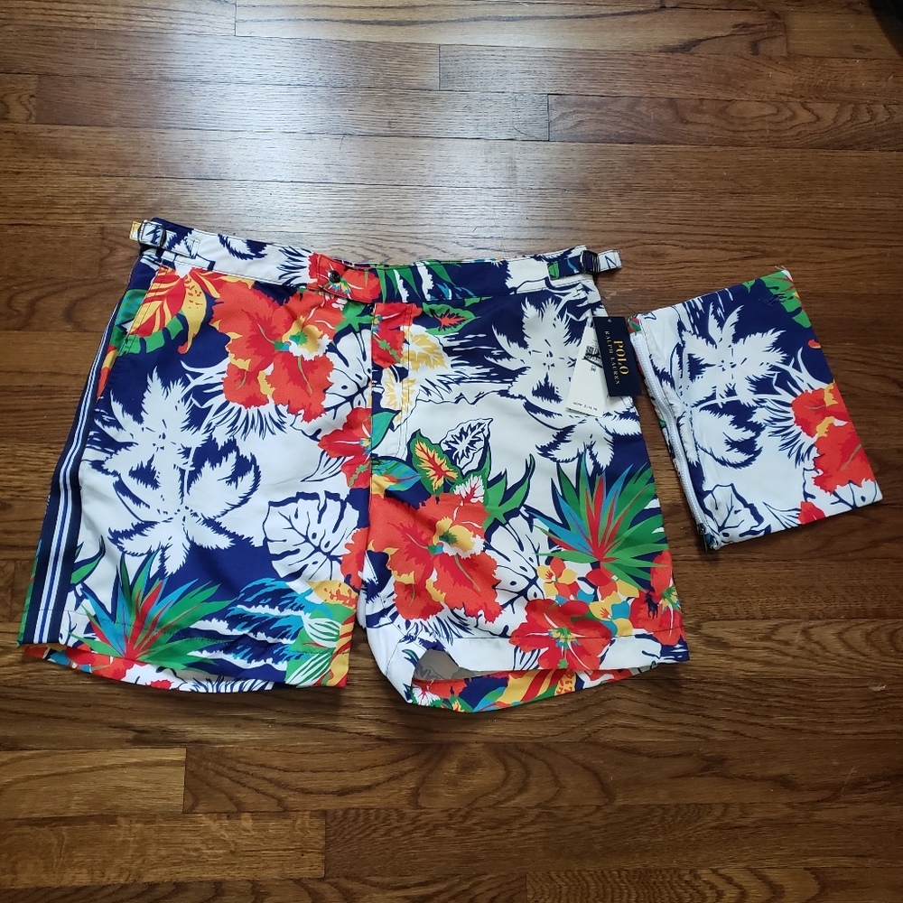 Ralph Lauren Polo Men Adjustable waist Zip fly swim trunks w/ matching pouch